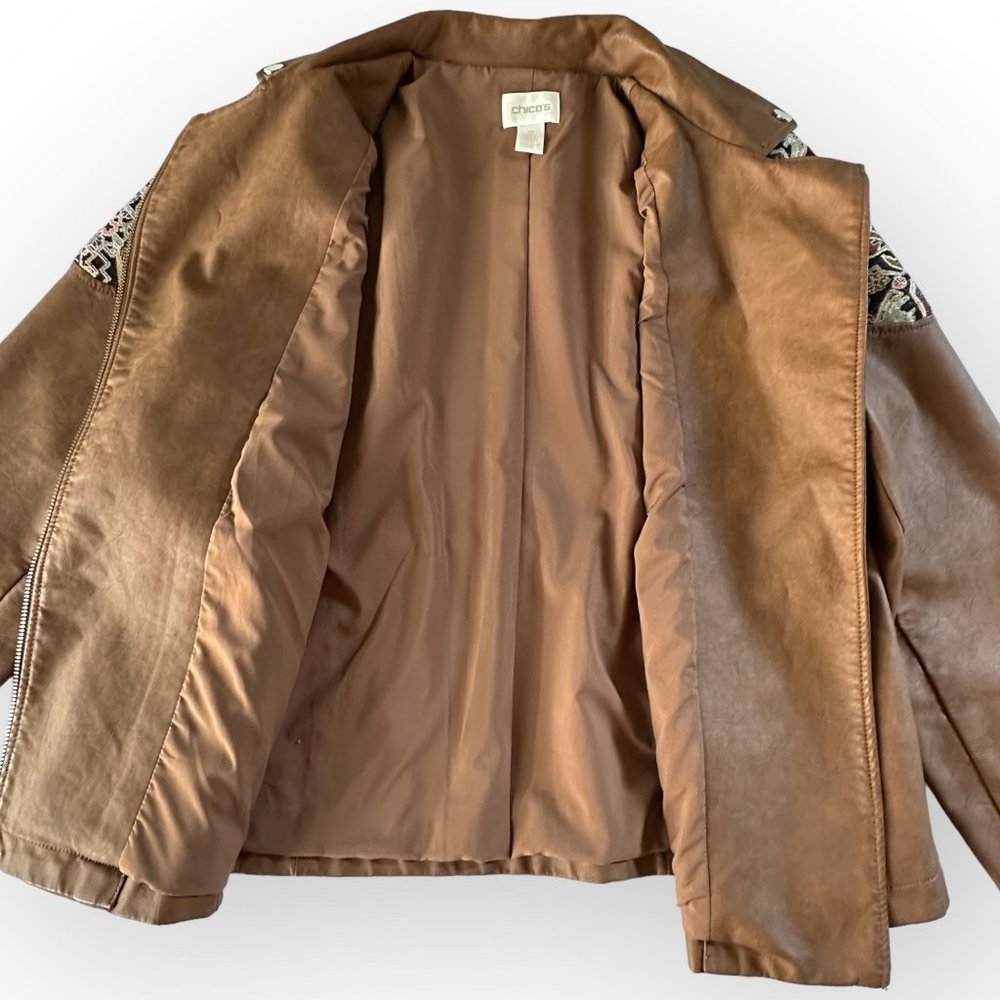 CHICO'S Faux-Leather Jacquard Moto Jacket Size 2/ 12 - Picture 7 of 9